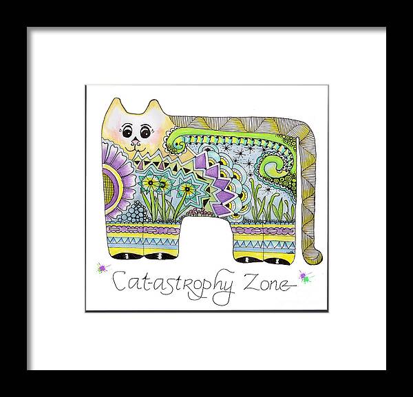 Kitty Cat Zentangle Doodle Flowers Geometric Framed Print featuring the tapestry - textile Catastrophy Zone by Ruth Dailey