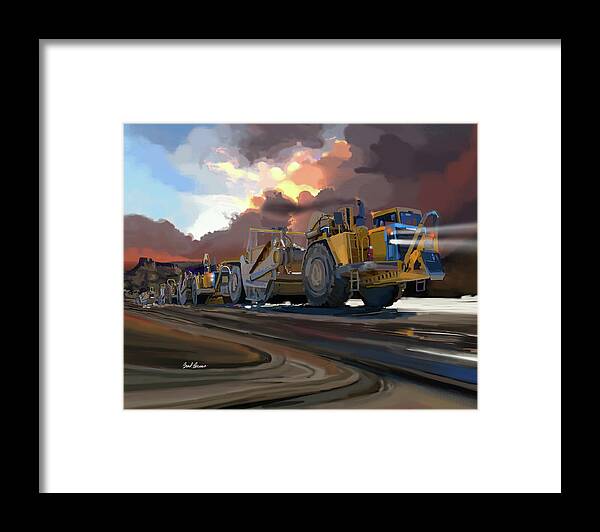  Construction Work At Job Site Framed Print featuring the painting Caterpillar Scrapers by Brad Burns
