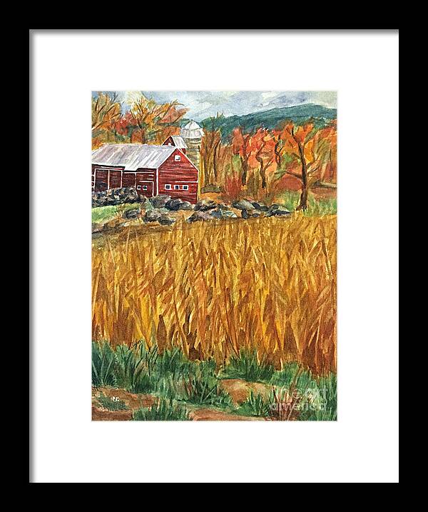 Red Barn Framed Print featuring the painting Red Barn And Cornfields Catskills Autumn by Ellen Levinson
