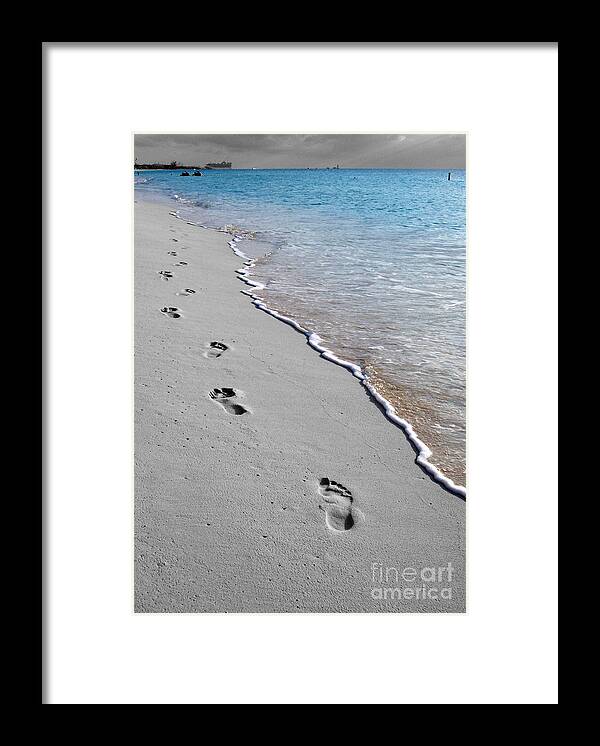 Grand Cayman Framed Print featuring the digital art Cayman Footprints Color Splash Black and White by Shawn O'Brien