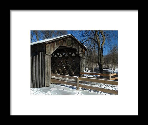 Covered Bridge Framed Print featuring the photograph Cedarburg Covered Bridge in Winter by David T Wilkinson