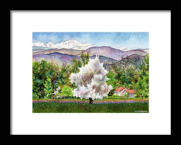 Blossoming Tree Painting Framed Print featuring the painting Celeste's Farm by Anne Gifford