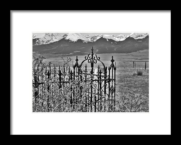 Cemetery B&w Framed Print featuring the photograph Cemetery Gate and Mountains by Sandra Dalton