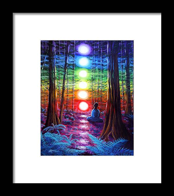 Zen Framed Print featuring the painting Chakra Meditation in the Redwoods by Laura Iverson
