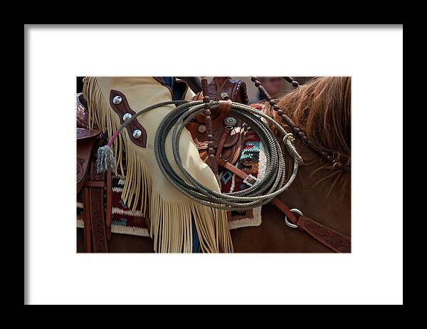 Rodeo Framed Print featuring the photograph Chaps and Rope by Roger Mullenhour