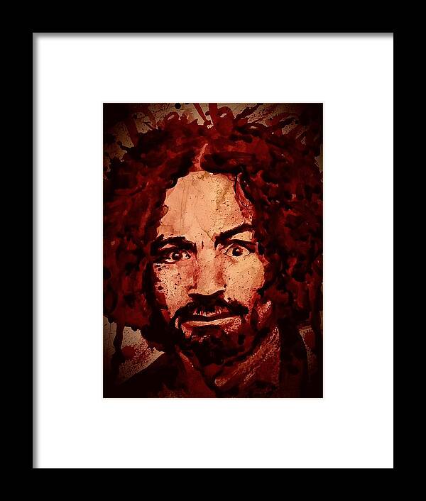 Ryan Almighty Framed Print featuring the painting CHARLES MANSON portrait fresh blood by Ryan Almighty