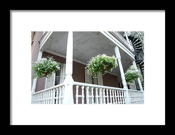 Charleston Historical District Homes Framed Print featuring the photograph Charleston Historical District Front Porch Flowers - Charleston Homes Architecture by Kathy Fornal