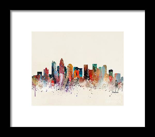 Charlotte North Carolina Cityscape Framed Print featuring the painting Charlotte Skyline by Bri Buckley