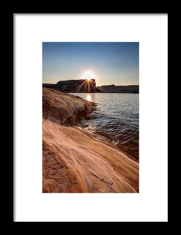 Lake; Lake Powell; Morning; Powell; Rock Formations; Sandstone; Shoreline; Sunburst; Sunrise; Sweeping Rock; Wave; Framed Print featuring the photograph Checkered Waves and Flowing Rock by David Andersen