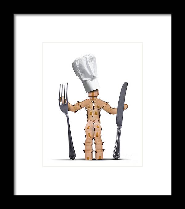 Kitchen Framed Print featuring the digital art Chef box man Character with cutlery by Simon Bratt