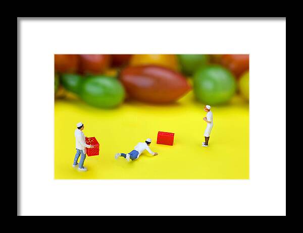 Chef Framed Print featuring the painting Chef Tumbled in front of colorful tomatoes little people on food by Paul Ge