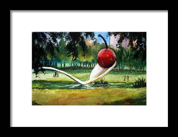 Cherry & Spoon Framed Print featuring the painting Cherry and Spoon by Marilyn Jacobson