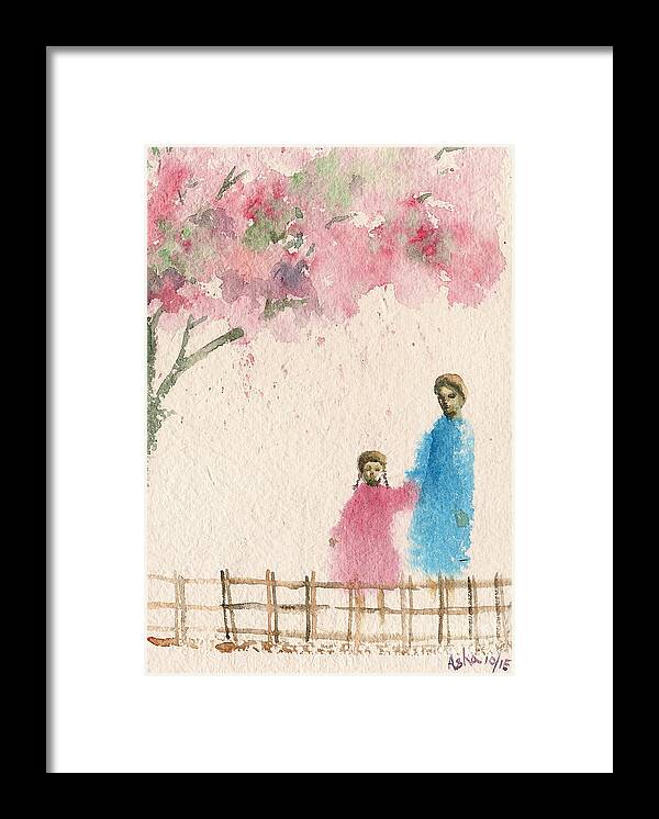 Figurative Framed Print featuring the painting Cherry blossom tree over the bridge by Asha Sudhaker Shenoy