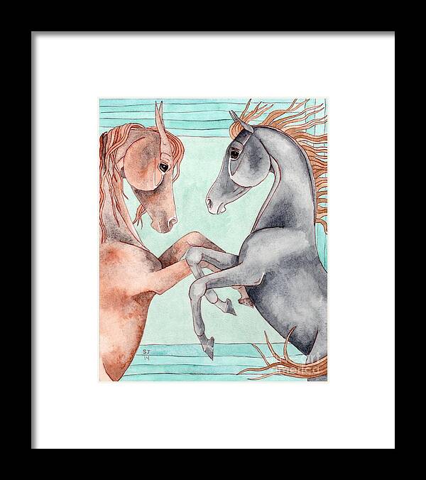 Horse Framed Print featuring the painting Chestnut And Black Horses On Turquoise by Suzanne Joyner