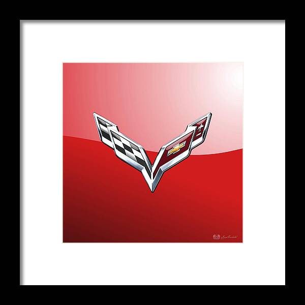 'wheels Of Fortune' Collection By Serge Averbukh Framed Print featuring the photograph Chevrolet Corvette - 3d Badge On Red by Serge Averbukh