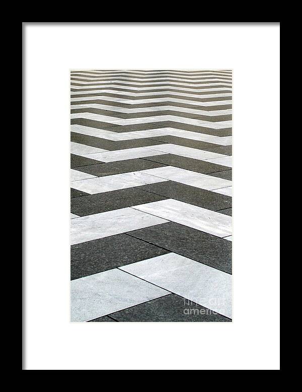 Chevron Stripes Tile Pattern Abstract black And White Square Rectangle Floor Wall Grid Framed Print featuring the mixed media Chevron by Linda Woods