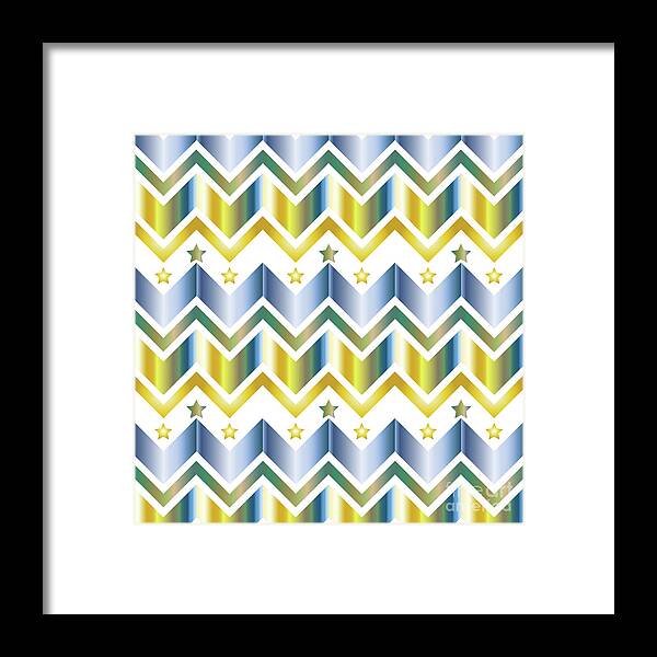 Metallic Framed Print featuring the digital art Chevron Metallic Gold Blue Green Gradation Stars Pattern by Beverly Claire Kaiya
