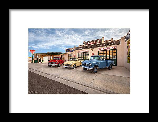 Chevrolet Framed Print featuring the photograph Chevys at the Main Street Garage - with signature by Ryan Smith