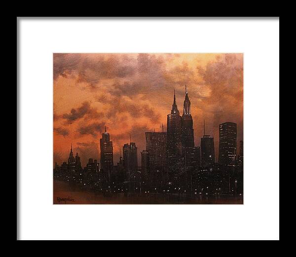 Cityscape Framed Print featuring the painting Chicago at Dusk by Tom Shropshire