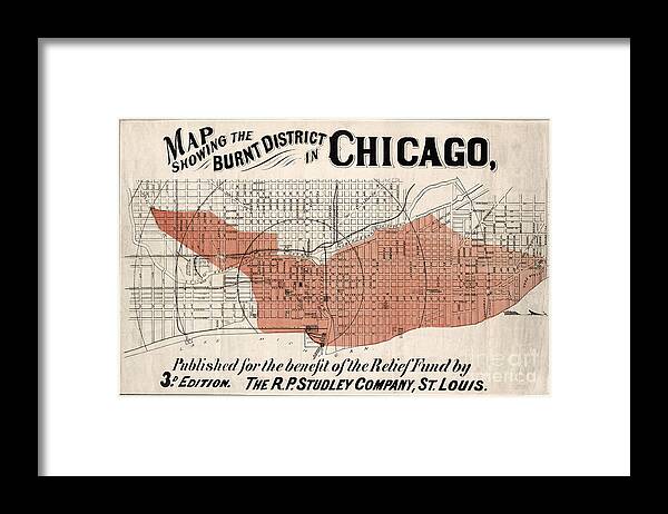 Chicago Framed Print featuring the drawing Chicago Map from 1871 after fire Restored by Vintage Treasure