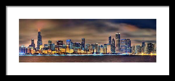 Chicago Framed Print featuring the photograph Chicago Skyline at NIGHT Panorama Color 1 to 3 Ratio by Jon Holiday