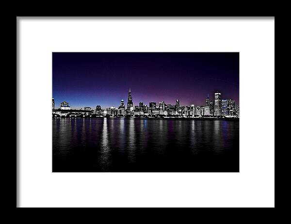 Architecture Framed Print featuring the photograph Chicago Skyline BnW with blue-purple by Richard Zentner