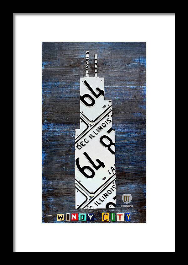 Chicago Framed Print featuring the mixed media Chicago Windy City Harris Sears Tower License Plate Art by Design Turnpike