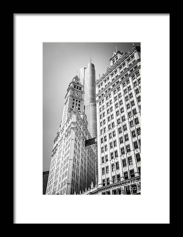America Framed Print featuring the photograph Chicago Wrigley Building and Trump Tower Black and White Photo by Paul Velgos