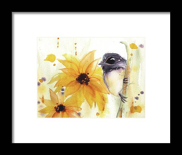 Watercolor Framed Print featuring the painting Chickadee and Sunflowers by Dawn Derman