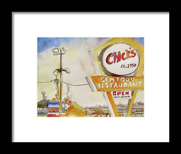 Watercolor Framed Print featuring the painting Chick's Seafood by Carole Johnson