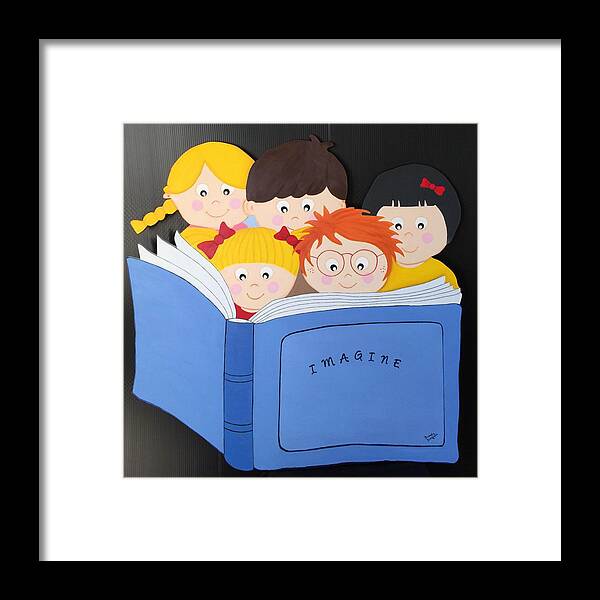Children Framed Print featuring the painting Children Reading Book by Brenda Bonfield