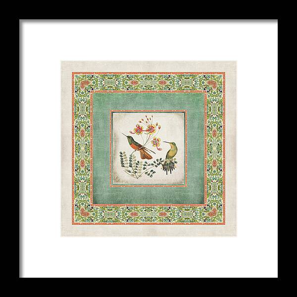 Chinese Ornamental Paper Framed Print featuring the digital art Chinoiserie Vintage Hummingbirds n Flowers 1 by Audrey Jeanne Roberts