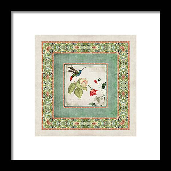 Chinese Ornamental Paper Framed Print featuring the digital art Chinoiserie Vintage Hummingbirds n Flowers 2 by Audrey Jeanne Roberts