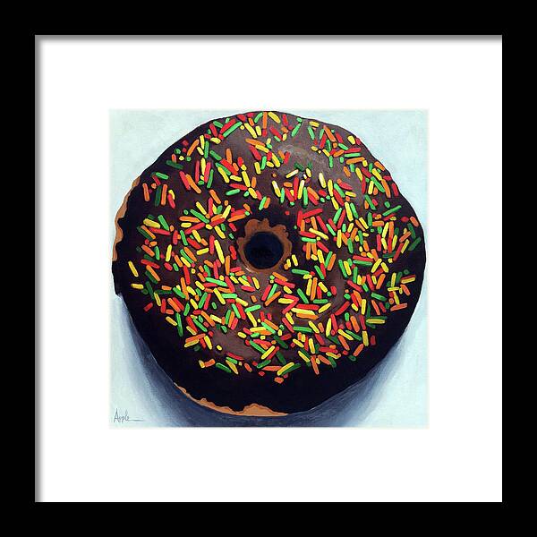 Food Art Framed Print featuring the painting Chocolate Donut and Sprinkles oil painting by Linda Apple