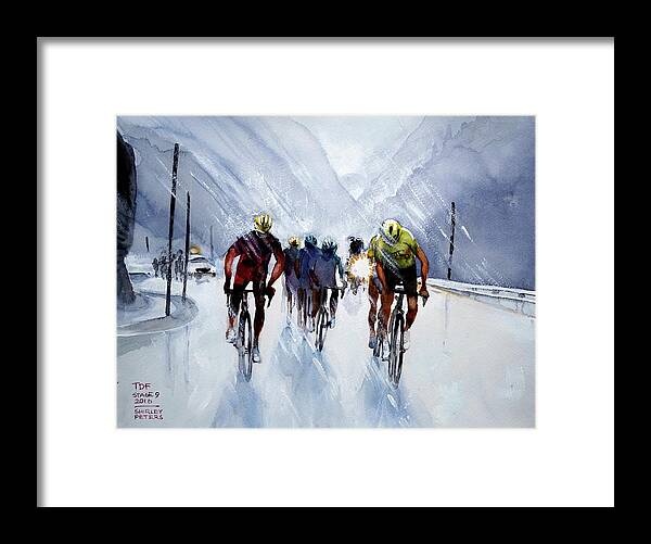 My Name On Ebay Is Sannpet. 24cm X 32cm Watercolour Framed Print featuring the painting Chris Froome and Others in Rain and Ice by Shirley Peters