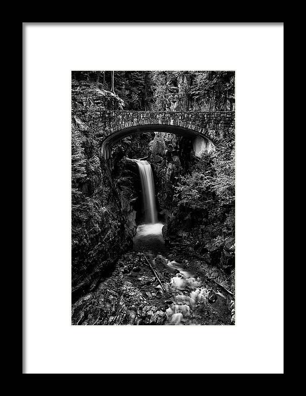 Christine Falls Framed Print featuring the photograph Christine Falls - Mount Rainer National Park - bw by Stephen Stookey