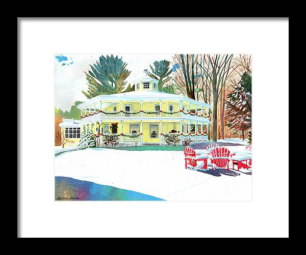 Hexagon House Framed Print featuring the painting Christmas at the Hexagon House by LeAnne Sowa