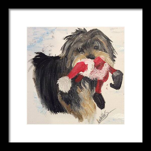 Yorkshire Terrier Framed Print featuring the painting Harry Loves Santa by Abbie Shores