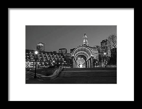 Christopher Framed Print featuring the photograph Christopher Columbus Park Boston MA Trellis Custom House Black and White by Toby McGuire