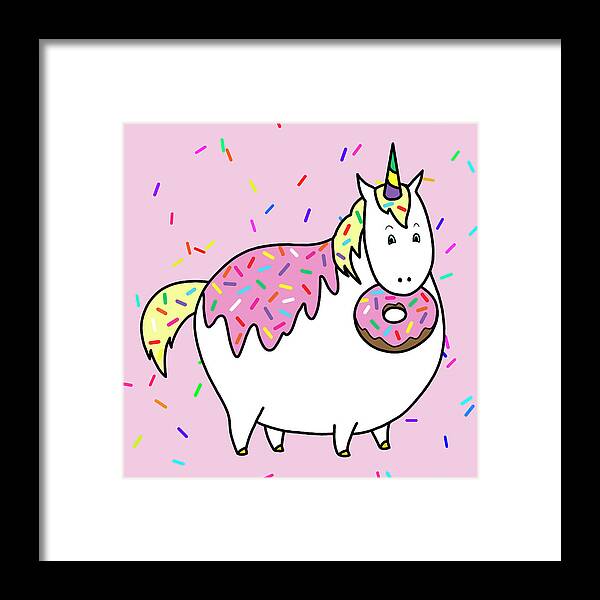 Unicorns Framed Print featuring the painting Chubby Unicorn Eating Sprinkle Doughnut by Crista Forest