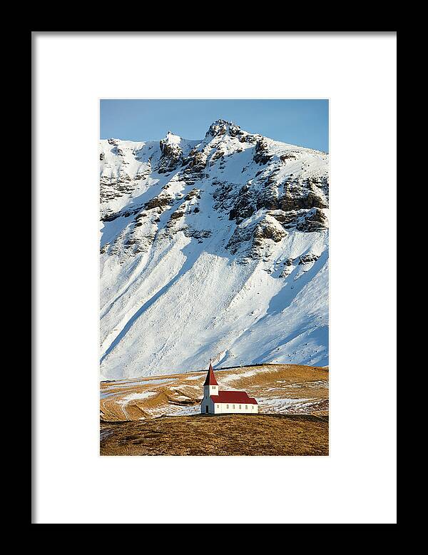 Church Framed Print featuring the photograph Church and mountains in winter Vik Iceland by Matthias Hauser