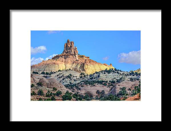 Sandstone Framed Print featuring the pyrography Church Rock by David Meznarich