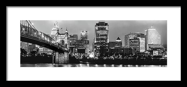 Cincinnati Skyline Panorama Framed Print featuring the photograph Cincinnati Black and White Night Panorama Skyline by Gregory Ballos