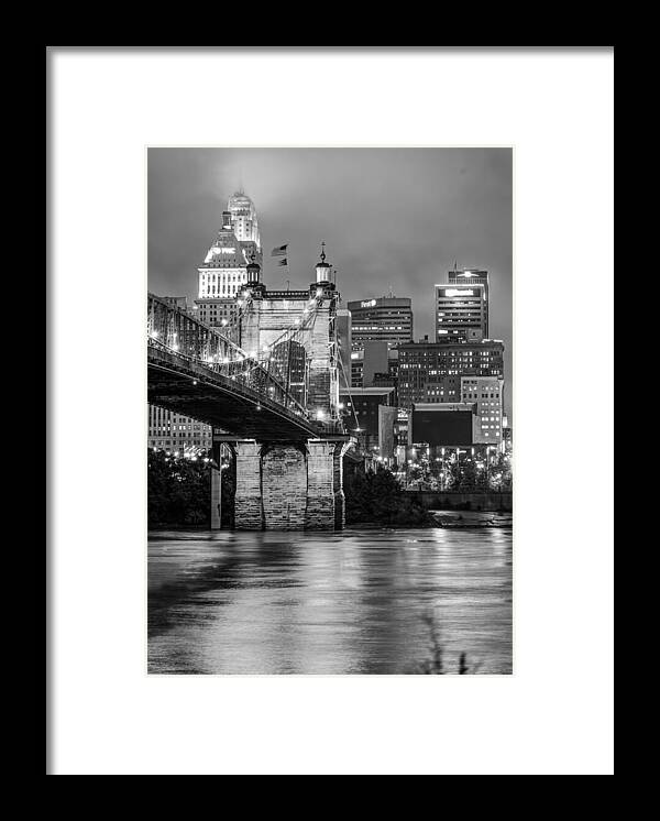 America Framed Print featuring the photograph Cincinnati Ohio Skyline and Bridge - Black and White by Gregory Ballos