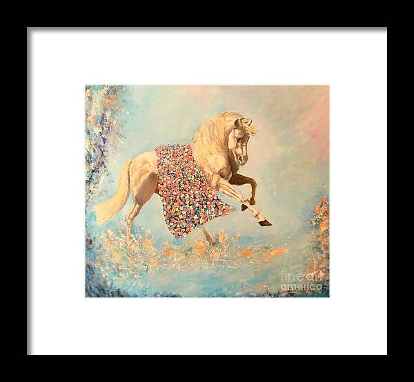Unicorn With Flowers Framed Print featuring the painting Cinderellas Unicorn by Dagmar Helbig