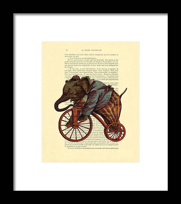 Circus Framed Print featuring the digital art Circus elephant on bicycle by Madame Memento