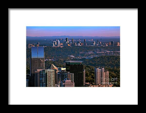 This Incredible View Taken From The Top Of The Bank Of America In Midtown Looking North Shows The Skylines Of Midtown Framed Print featuring the photograph Cities Of Atlanta by Doug Sturgess