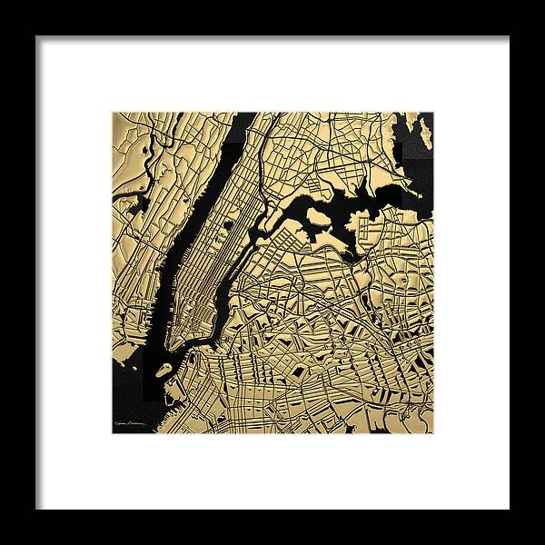 'nyc ' Collection By Serge Averbukh Framed Print featuring the digital art Cities of Gold - Golden City Map New York on Black by Serge Averbukh