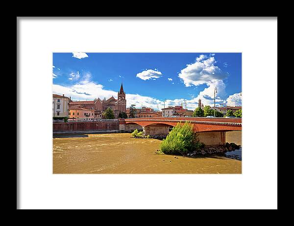 San Fermo Framed Print featuring the photograph City of Verona Adige river and San Fermo Maggiore church by Brch Photography