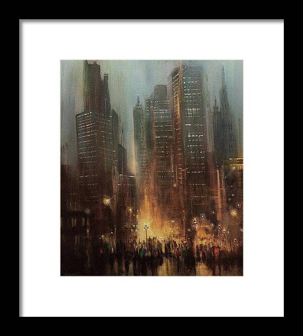 City Scene Framed Print featuring the painting City Rain by Tom Shropshire